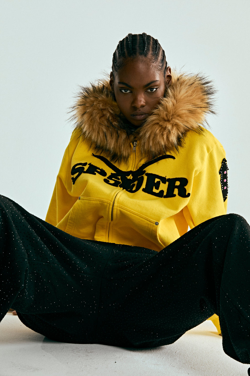 FUR HOODED ZIP UP SWEATSHIRT