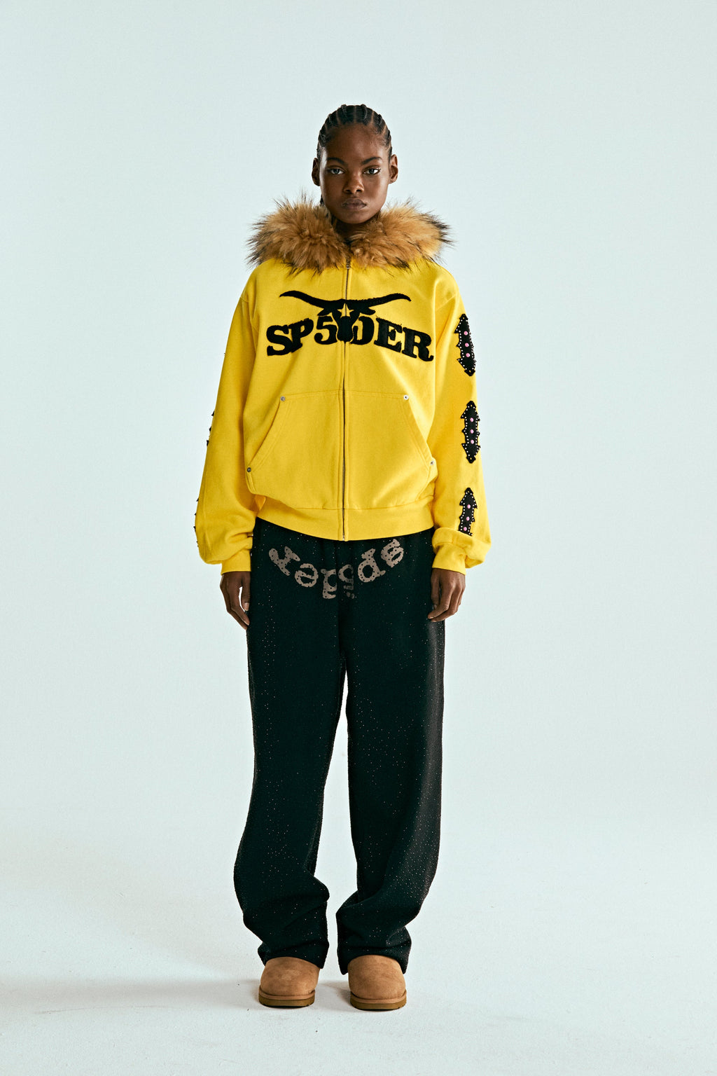 FUR HOODED ZIP UP SWEATSHIRT
