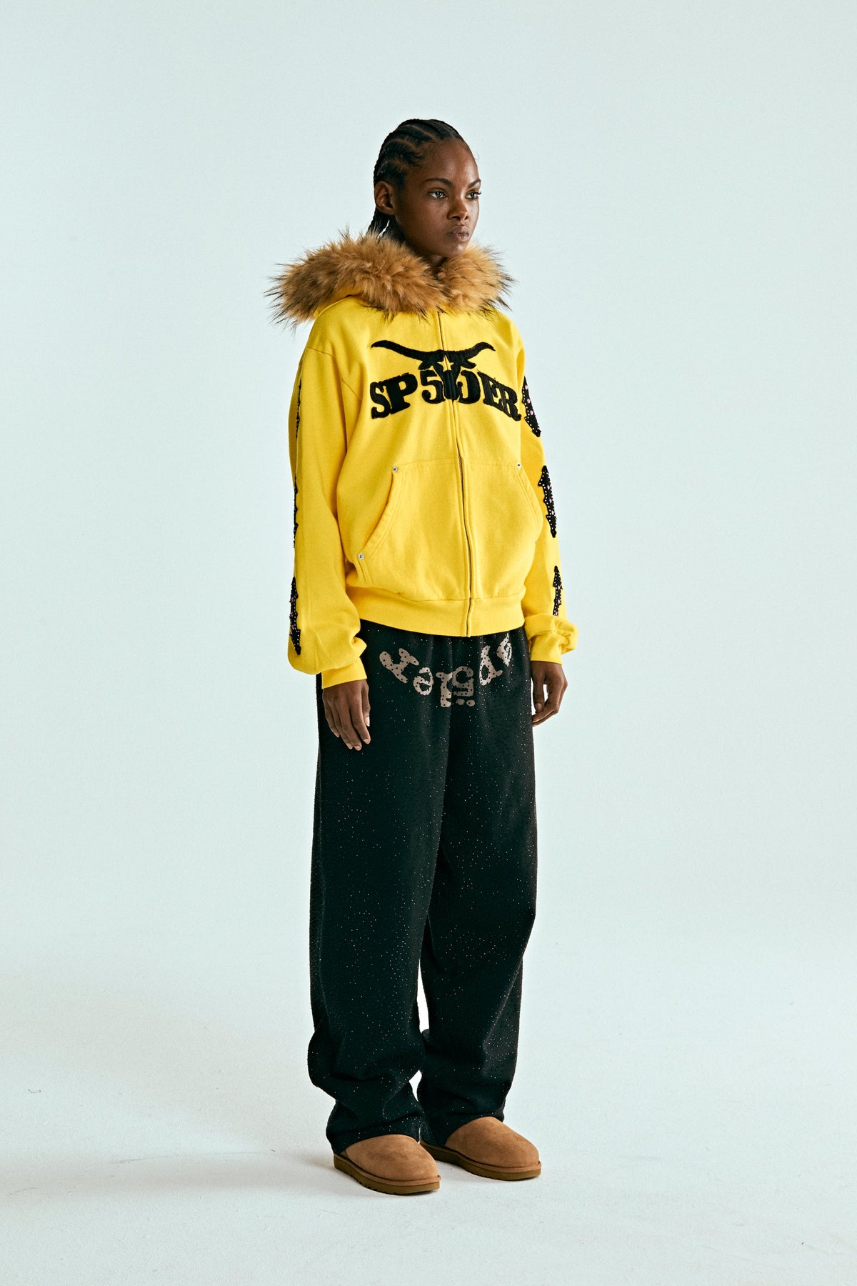 FUR HOODED ZIP UP SWEATSHIRT